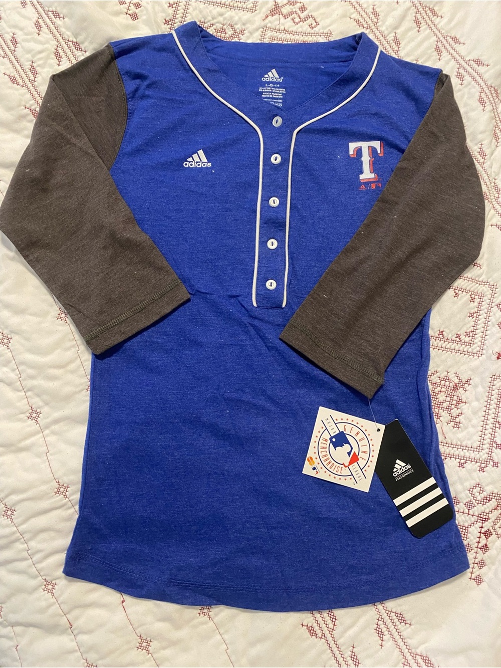 Adidas Blue and Gray Kids' Henley Baseball Tee with Rangers 'T' Patch